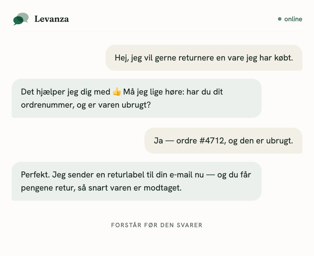 Demo af Levanza-chat: kunden vil returnere en vare, og botten stiller først et opklarende spørgsmål — og løser derefter sagen præcist.